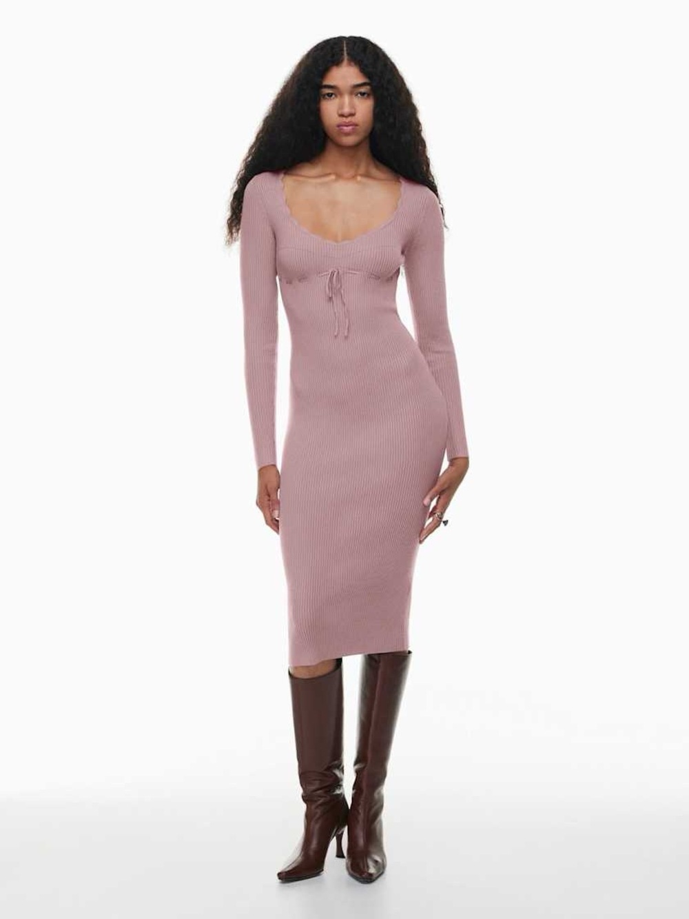 Aritzia Wilfred Pink Ribbed Sweetheart Neckline Long sleeve Midi Soloist Dress